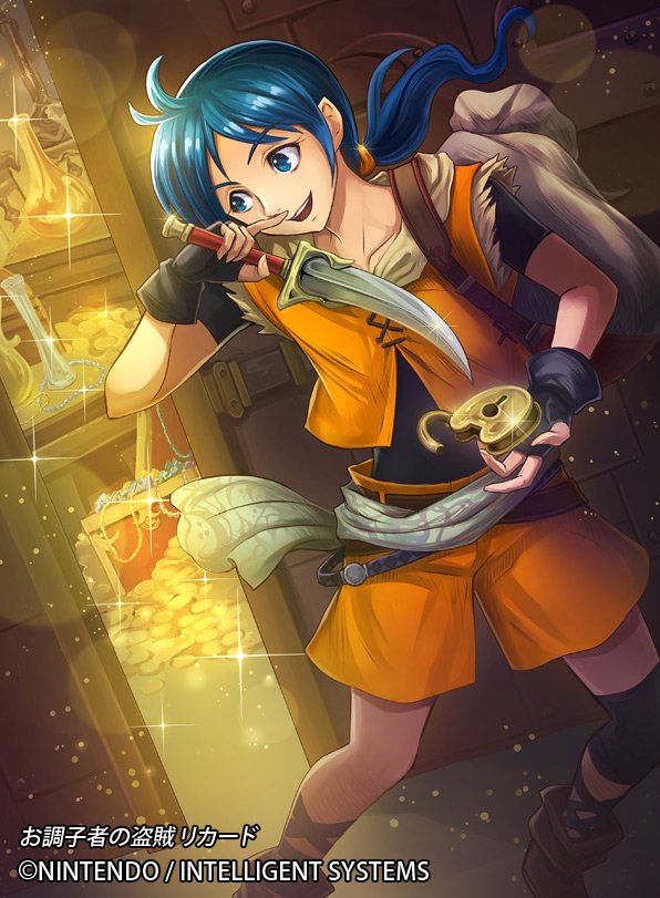 1boy blue_eyes blue_hair boots coin copyright_name dagger fingerless_gloves fire_emblem fire_emblem:_mystery_of_the_emblem fire_emblem_cipher gloves long_hair low_ponytail male_focus money nekobayashi official_art open_mouth ricard_(fire_emblem) solo sparkle teeth weapon