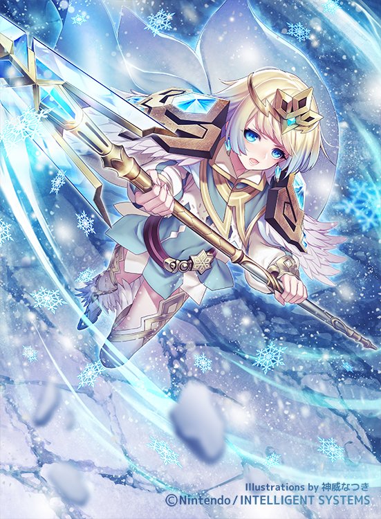 1girl armor bangs belt blonde_hair blue_eyes blue_hair cape company_name copyright_name dress earrings fingernails fire_emblem fire_emblem_cipher fire_emblem_heroes fjorm_(fire_emblem_heroes) holding holding_weapon jewelry long_sleeves multicolored_hair n_kamui official_art open_mouth polearm short_dress short_hair shoulder_armor shoulder_pads snowflakes solo spear thigh-highs weapon