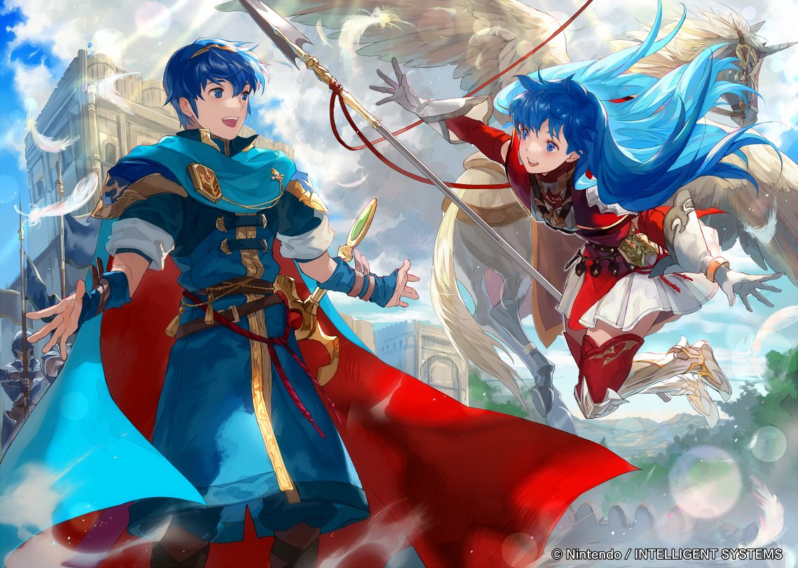 1boy 1girl armor blue_eyes blue_hair blush boots cape castle dress elbow_gloves falchion_(fire_emblem) fingerless_gloves fire_emblem fire_emblem:_mystery_of_the_emblem fire_emblem_cipher gloves horse long_hair marth mayo_(becky2006) official_art open_mouth pegasus_knight polearm sheeda short_hair smile spear thigh-highs weapon wings