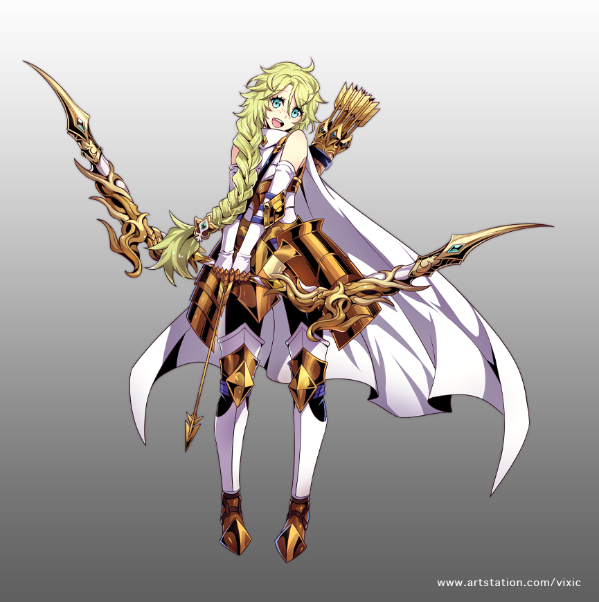 1girl :d armor arrow blonde_hair blue_eyes bow_(weapon) braid cape copyright_request elbow_pads freckles full_body gradient gradient_background grey_background holding holding_weapon long_hair official_art open_mouth quiver smile vixi_c watermark weapon web_address white_cape white_legwear