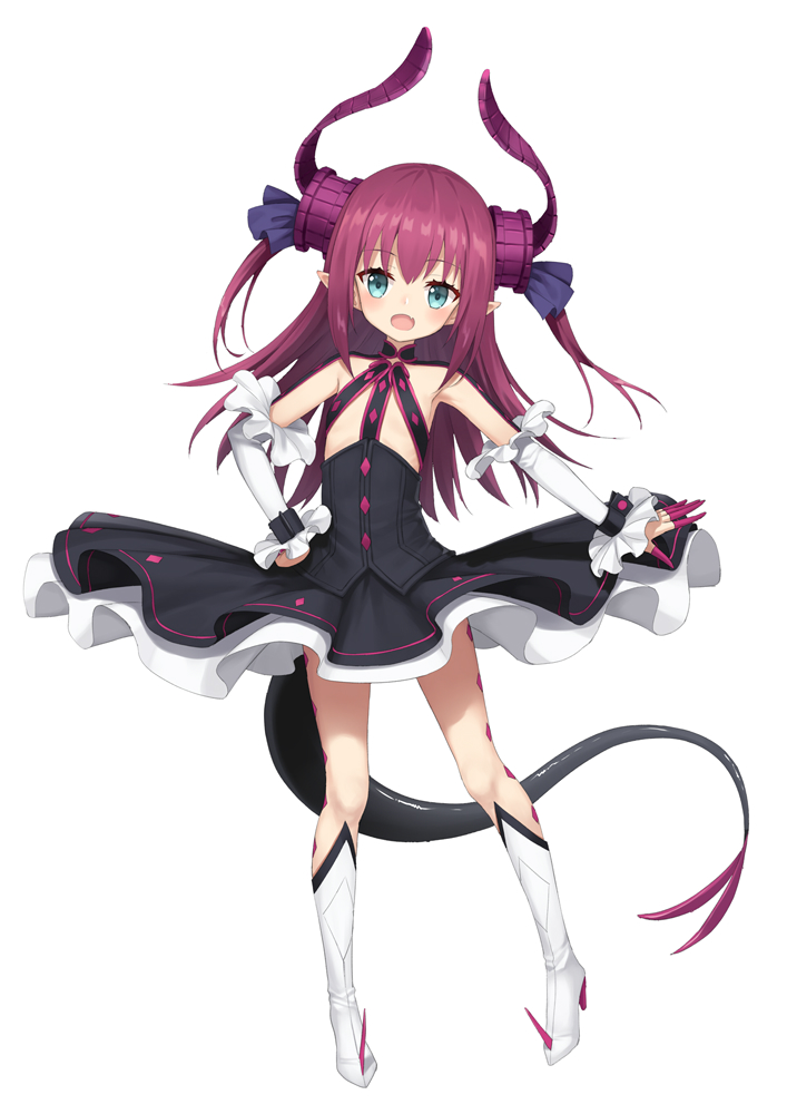 1girl :d asymmetrical_horns bangs black_dress blush boots commentary_request curled_horns detached_sleeves dragon_girl dragon_horns dragon_tail dress elizabeth_bathory_(fate) elizabeth_bathory_(fate)_(all) eyebrows_visible_through_hair fate/extra fate/extra_ccc fate_(series) full_body green_eyes hair_between_eyes hair_ribbon hand_on_hip heijialan high_heel_boots high_heels horns knee_boots leaning_to_the_side long_hair long_sleeves open_mouth purple_ribbon redhead ribbon simple_background sleeveless sleeveless_dress smile solo spiked_boots spikes standing tail two_side_up very_long_hair white_background white_footwear