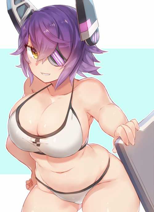 1girl armpits bikini breasts collarbone expressive_clothes eyepatch gluteal_fold grin hand_on_hip headgear kantai_collection large_breasts leaning_forward midriff navel necktie purple_hair short_hair sideboob smile solo swimsuit tenryuu_(kantai_collection) thighs white_bikini yamaarashi yellow_eyes