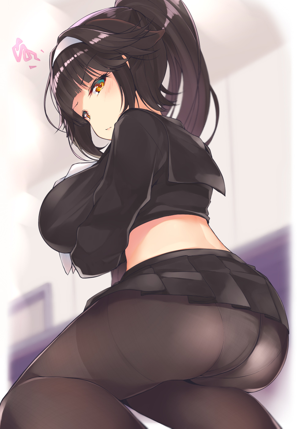 1girl arms_under_breasts ass azur_lane bangs black_hair black_legwear blue_background blush bow breast_hold breasts brown_eyes closed_mouth crotch_seam eyebrows_visible_through_hair hair_bow hair_flaps hairband high_ponytail highres kneeling large_breasts long_hair lookign_bakc looking_at_viewer looking_back midriff miya_ur neckerchief panties pantyhose pleated_skirt ponytail school_uniform serafuku simple_background skirt skirt_pull solo squatting takao_(azur_lane) thighband_pantyhose underwear uniform very_long_hair white_bow white_neckwear yellow_eyes