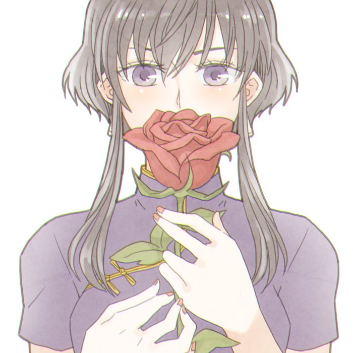 1girl blue_eyes blush covering_mouth fire_emblem fire_emblem:_seisen_no_keifu flower futatsuki_(perfect_lovers) holding holding_flower lakche_(fire_emblem) looking_at_viewer portrait rose simple_background solo white_background