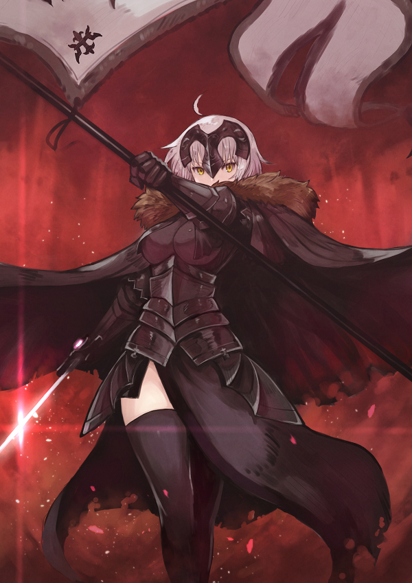 1girl ahoge armor armored_dress banner black_cape black_dress black_legwear blackball cape dress eyebrows_visible_through_hair fate/grand_order fate_(series) fur_trim holding holding_sword holding_weapon jeanne_d'arc_(alter)_(fate) jeanne_d'arc_(fate)_(all) looking_at_viewer short_hair silver_hair solo standing sword thigh-highs weapon yellow_eyes