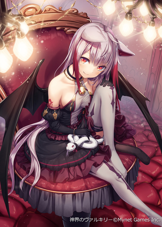 1girl akkijin animal_ears bare_shoulders black_dress black_gloves breasts cat_ears cat_girl cat_tail chair collarbone demon_girl demon_wings dress gloves grey_hair indoors medium_breasts multicolored_hair no_shoes official_art rattle red_eyes shinkai_no_valkyrie short_hair sitting snake solo tail thigh-highs white_legwear wings