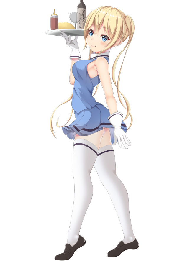 1girl adapted_costume black_footwear blend_s blonde_hair blue_eyes blush bottle breasts drink full_body gloves hinata_kaho holding holding_tray inora long_hair looking_at_viewer shoes simple_background standing they're_not_panties thigh-highs tray twintails very_long_hair waitress white_background white_gloves white_legwear wine_bottle