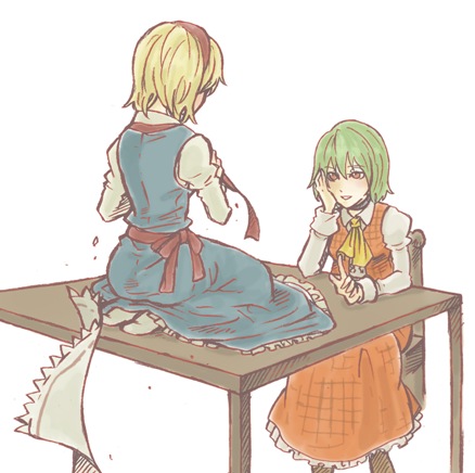 alice_margatroid ascot bad_id blonde_hair charin green_hair hairband kazami_yuuka lowres multiple_girls plaid plaid_skirt plaid_vest red_eyes short_hair sitting skirt skirt_set table touhou undressing