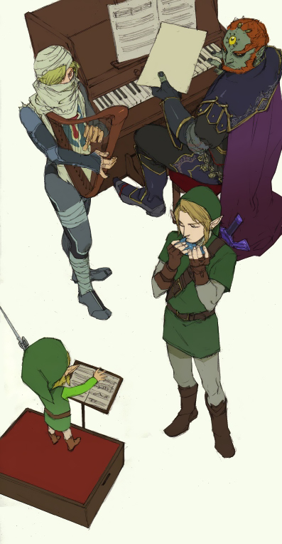 bandages baton baton_(instrument) beard blonde_hair brown_hair cape conductor facial_hair from_above ganondorf gloves harp instrument instruments link male mask master_sword music nintendo ocarina piano piano_bench pointy_ears red_hair redhead reverse_trap sheik super_smash_bros. surcoat sword the_legend_of_zelda toon_link upright_piano weapon