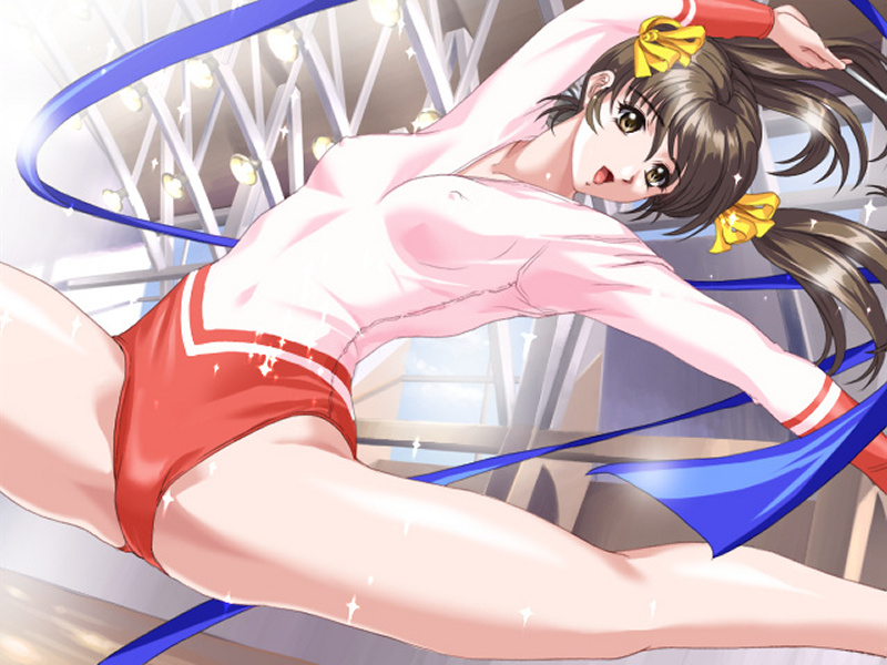 brown_hair eighteen_~bishoujo_chikan_yuugi~ erect_nipples game_cg gymnastics jump jumping leotard rhythmic_gymnastics ribbon ribbon_baton ribbons smile sparkle split twintails yagami_unsai