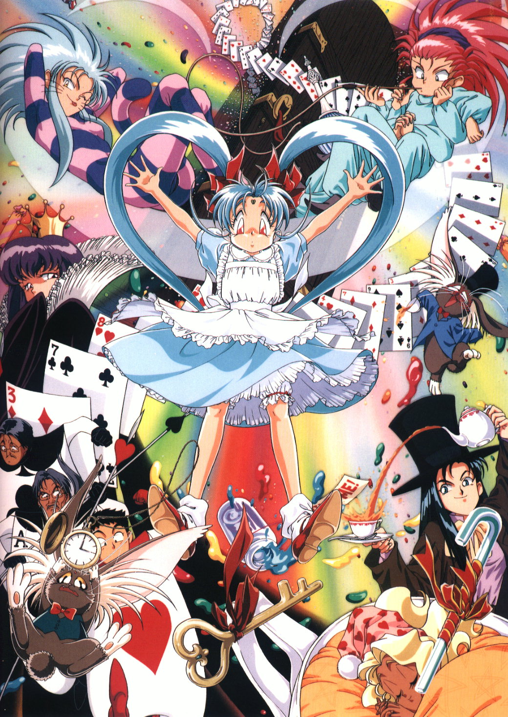 alice_(wonderland)_(cosplay) alice_in_wonderland blonde_hair blue_hair blush card card_creature cosplay crown cup facial_mark forehead_mark freckles glasses hakubi_ryoko hakubi_washuu hat highres key kuramitsu_mihoshi makibi_kiyone masaki_aeka_jurai masaki_katsuhito masaki_nobuyuki masaki_sasami_jurai masaki_tenchi playing_card playing_cards pocket_watch purple_hair red_eyes red_hair redhead ryouko_(tenchi_muyou!) scan scan_artifacts silver_hair spiked_hair spiky_hair tail tea tenchi_muyo tenchi_muyou! tenchi_muyou!_uchuu_hen twintails watch