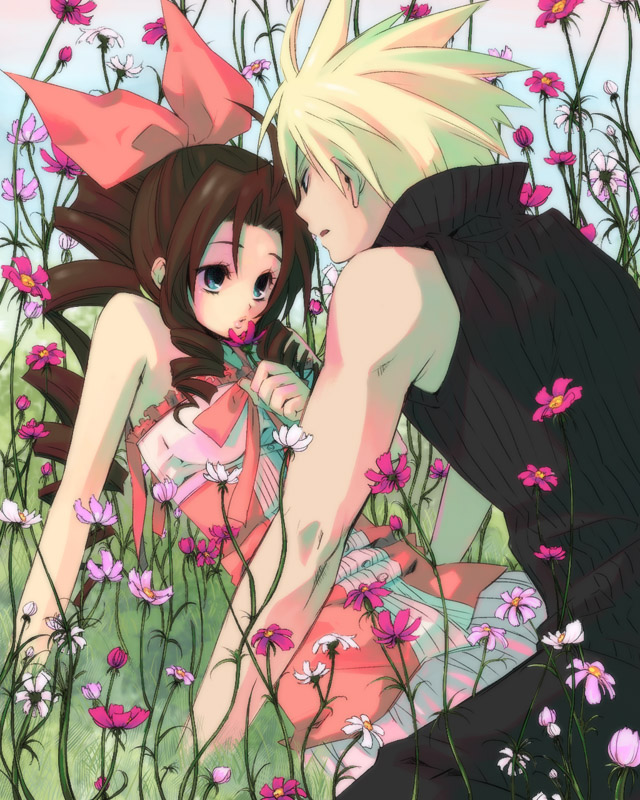 1girl aerith_gainsborough bare_shoulders blonde_hair blue_eyes bow brown_hair cloud_strife couple dress drill_hair final_fantasy final_fantasy_vii final_fantasy_vii_advent_children flower hair_bow haru_(pixiv276337) hidaka_ryou kingdom_hearts kingdom_hearts_ii love love_at_first_sight outdoors sleeveless sleeveless_turtleneck spiked_hair spiky_hair turtleneck