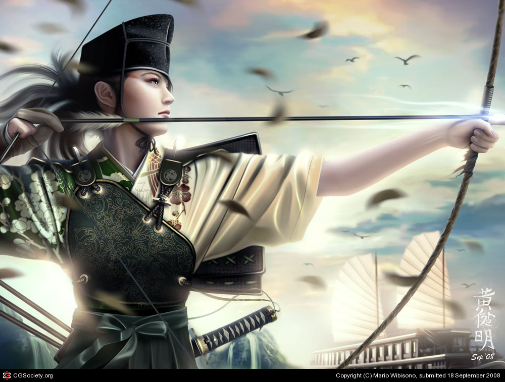 2008 3d archery armor bird birds black_hair boat bow_(weapon) bust cg cloud clouds digital_art eyeshadow facial_mark feathers fighting_stance fingerless_gloves floral_print gloves glowing hakama hat japanese_clothes katana kimono kyuudou legend_of_the_five_rings lips lipstick long_hair mario_wibisono motion_blur muneate outdoors outstretched_arm ponytail profile raynkazuya realistic ribbon rope sash single_glove sky sode solo sun sunset sword tsuruchi_saya weapon yellow_eyes yugake