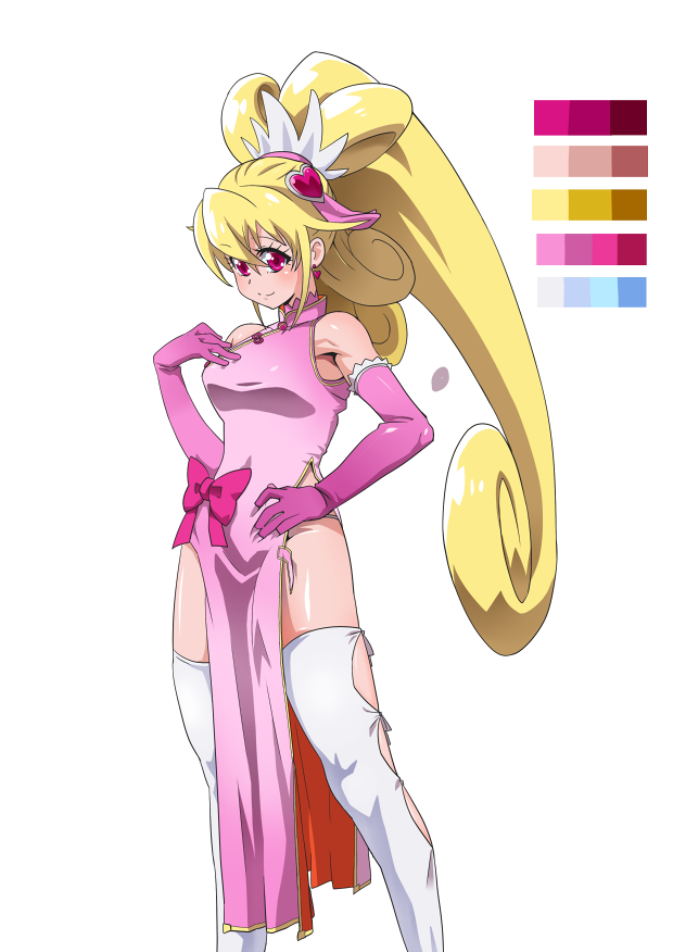 1girl aida_mana alternate_costume armpits bare_shoulders blonde_hair blush chinese_clothes cure_heart dokidoki!_precure elbow_gloves gan_balance gloves hand_on_hip precure red_eyes side_slit simple_background smile solo standing thigh-highs white_background white_legwear