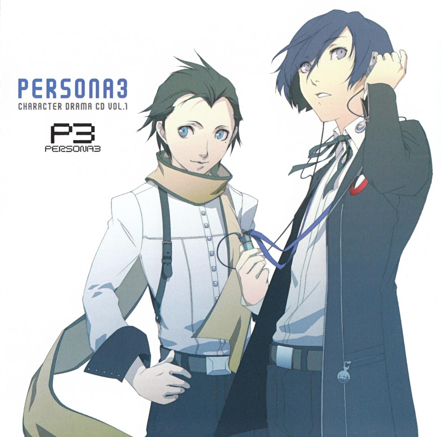 black_hair blue_eyes blue_hair digital_media_player headphones highres mochizuki_ryouji persona persona_3 scan scarf school_uniform smile soejima_shigenori