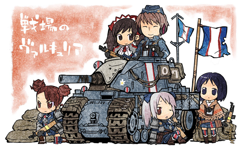 brigitte_stark caterpillar_tracks chibi edy_nelson isara_gunther kuma_jet military military_uniform military_vehicle senjou_no_valkyria senjou_no_valkyria_1 super_deformed tank uniform vehicle welkin_gunther