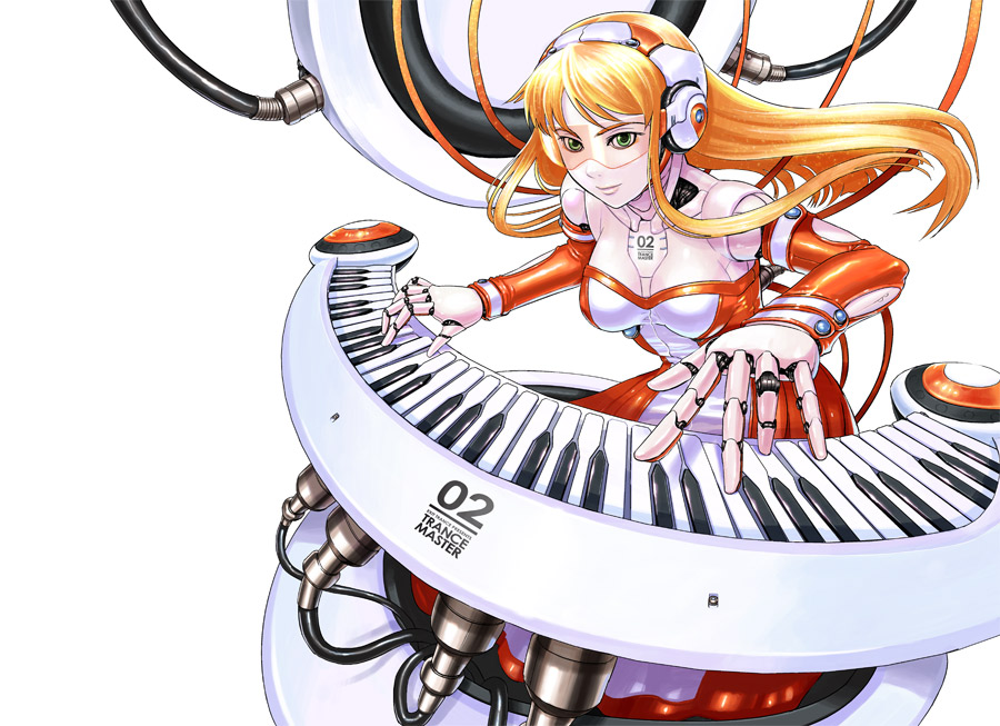 bodysuit breasts dress green_eyes headphones instrument keyboard keyboard_(instrument) long_hair orange_hair original seo_hiroshi synthesizer visor