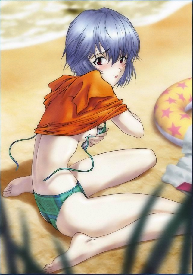 barefoot bikini blue_hair blush breasts jpeg_artifacts neon_genesis_evangelion pale pale_skin red_eyes short_hair sideboob swimsuit undressing