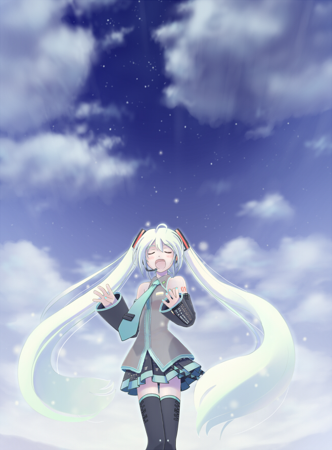 cloud clouds detached_sleeves hatsune_miku mochiduki_saku mochizuki_saku necktie skirt sky star star_(sky) starry_sky stars thigh-highs thighhighs twintails vocaloid white_hair zettai_ryouiki