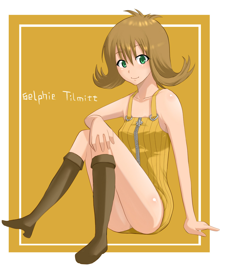 blush boots breasts brown_hair dress final_fantasy final_fantasy_viii green_eyes jont overalls selphie_tilmitt short_hair shortalls sitting smile solo zipper