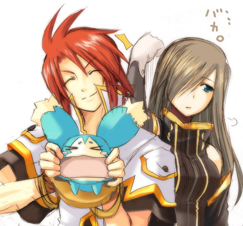 &gt;_&lt; 1girl bangs blue_eyes brown_hair gloves hair_over_one_eye long_hair lowres luke_fon_fabre mieu mouth_pull red_hair redhead smile tales_of_(series) tales_of_the_abyss tear_grants