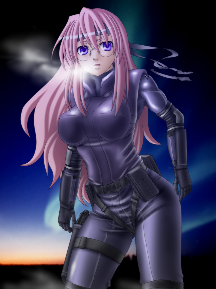 bodysuit breasts breath cosplay five-seven glasses gloves large_breasts long_hair lucky_star metal_gear metal_gear_solid night pink_hair purple_eyes solid_snake solid_snake_(cosplay) solo takara_miyuki violet_eyes