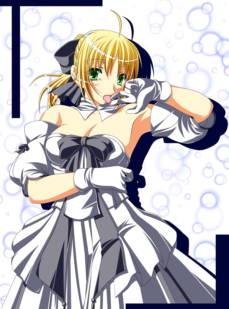 armpits bare_shoulders blonde_hair bow breasts bubble bubbles cleavage dress fate/stay_night fate/unlimited_codes fate_(series) gloves green_eyes hair_bow hiya ponytail ribbon ribbons saber saber_lily solo tongue