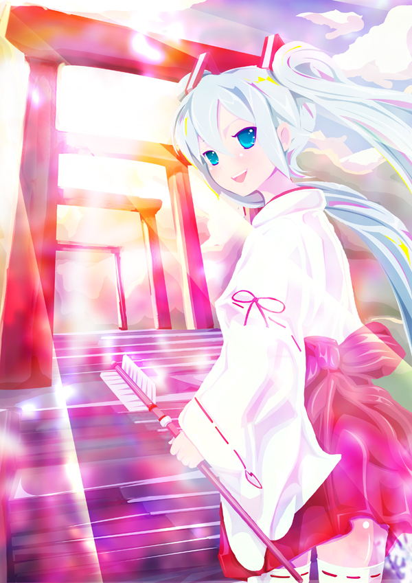 aqua_hair arrow cloud clouds hamaya hatsune_miku japanese_clothes lens_flare long_hair miko sky stairs teruru teruru_(pixiv211126) thigh-highs thighhighs torii twintails very_long_hair vocaloid zettai_ryouiki