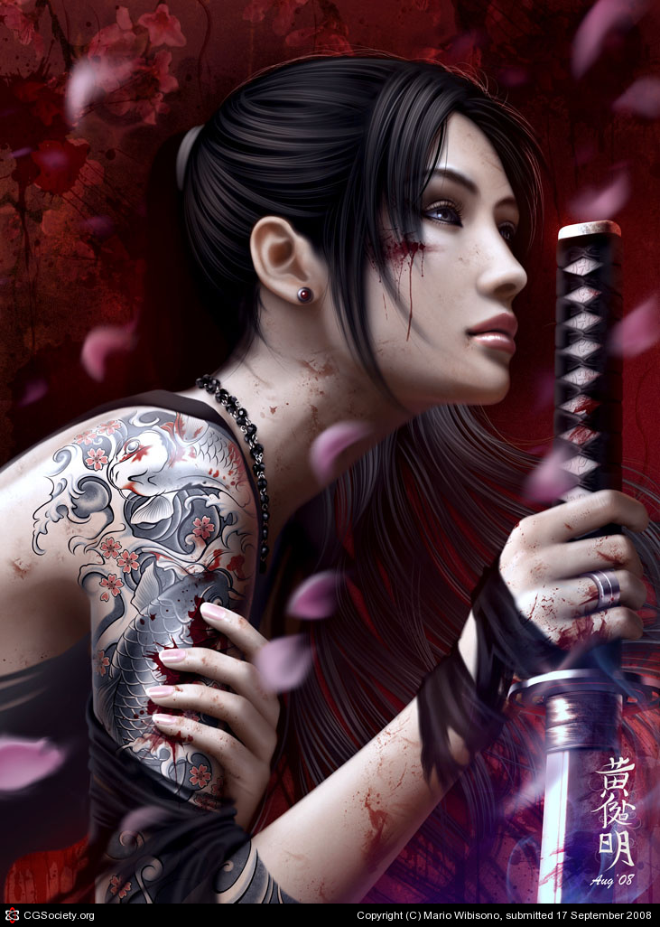 black_hair blood digital_art jewelry katana long_hair mario_wibisono necklace original ponytail raynkazuya realistic sword tattoo tattoos torn_clothes weapon