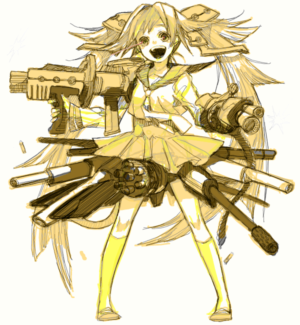 gun monochrome oekaki original sketch skirt todoroki_sora twintails weapon yellow