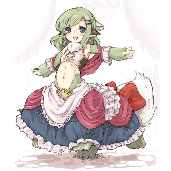 animal_ears armpits blue_eyes blush centaur centauroid dress flat_chest forest_of_pixiv fur furry green_hair grey_hair hair_ornament hairclip midriff monster_girl navel short_hair tail taur