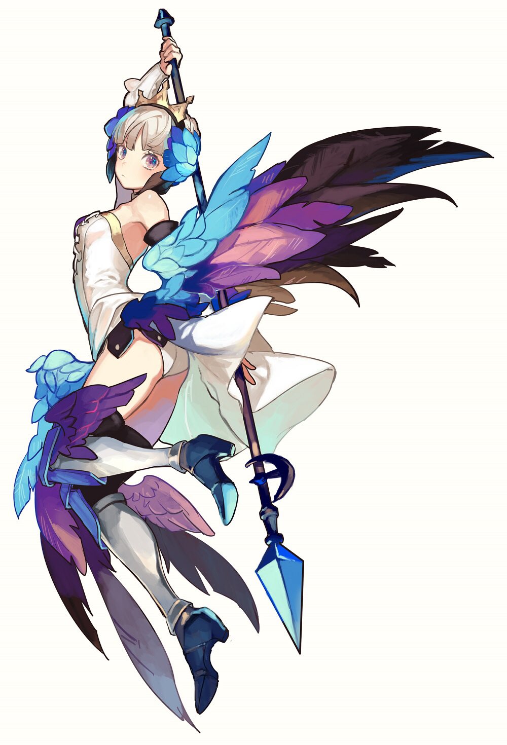 1girl armor armored_dress artist_request bare_shoulders choker crown dress feathers gwendolyn highres multicolored multicolored_wings odin_sphere polearm solo spear strapless strapless_dress underwear upskirt valkyrie weapon white_hair wings