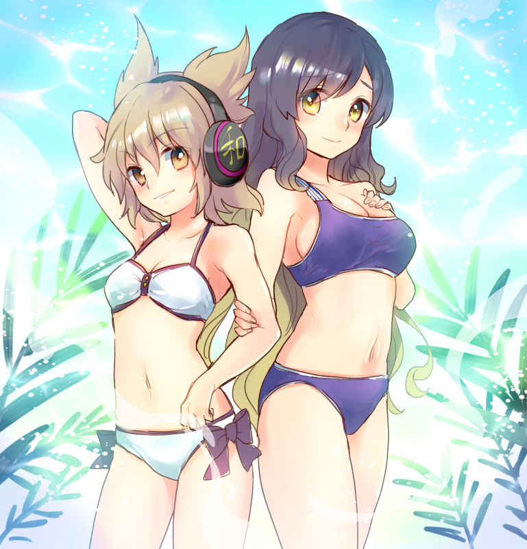 2girls arm_up bikini bow_bikini breasts cowboy_shot earmuffs gradient_hair hijiri_byakuren holding_arm light_brown_hair long_hair makuwauri multicolored_hair multiple_girls navel plant pointy_hair purple_bikini sideboob swimsuit touhou toyosatomimi_no_miko white_bikini yellow_eyes