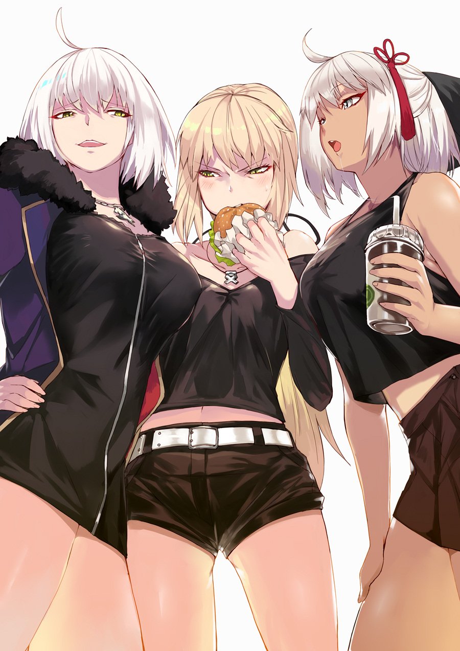 3girls ahoge artoria_pendragon_(all) bangs belt black_bow black_coat black_dress black_shorts black_skirt black_tank_top blonde_hair blush bow braid breasts coat collarbone cup dark_skin dress eating eyebrows_visible_through_hair fate/grand_order fate/stay_night fate_(series) food french_braid fur-trimmed_coat fur_trim grey_eyes hair_between_eyes hair_bow hamburger hands_on_hips highres hips jeanne_d'arc_(alter)_(fate) jeanne_d'arc_(fate)_(all) jewelry koha-ace large_breasts long_hair long_sleeves medium_breasts midriff multiple_girls necklace ohland okita_souji_(alter)_(fate) okita_souji_(fate)_(all) open_clothes open_coat open_mouth pleated_skirt ponytail saber_alter short_dress short_hair shorts silver_hair simple_background skirt smile tassel thighs tied_hair waist white_background white_hair wicked_dragon_witch_ver._shinjuku_1999 yellow_eyes