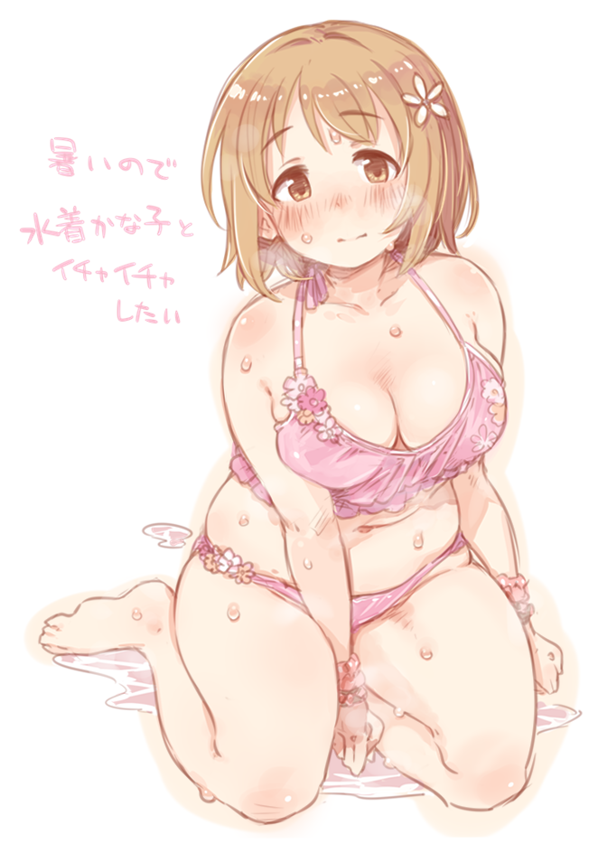 1girl 7010 bangs bare_shoulders barefoot bikini blush breasts brown_eyes brown_hair cleavage collarbone commentary_request eyebrows_visible_through_hair flower full_body hair_flower hair_ornament idolmaster idolmaster_cinderella_girls large_breasts looking_at_viewer mimura_kanako pink_bikini plump short_hair simple_background sitting sketch solo swimsuit translated wet white_background