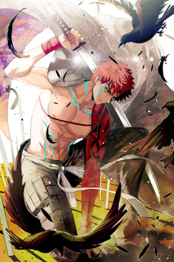 1boy akao_ppai bird cape crow detached_sleeve emiya_shirou fate/grand_order fate_(series) feathers katana limited/zero_over one_knee orange_hair over_shoulder pants pixiv_fate/grand_order_contest_2 planted_sword planted_weapon shirtless sword weapon weapon_over_shoulder yellow_eyes