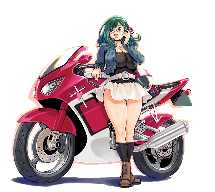 1girl arm_rest belt black_legwear breasts brown_footwear cellphone cleavage cross cross_necklace green_eyes green_hair ground_vehicle hair_ornament hair_ribbon hand_on_own_face holding holding_cellphone holding_phone huge_breasts jacket jewelry long_hair long_sleeves motor_vehicle motorcycle necklace nomura_ryouji open_clothes open_jacket open_mouth panties panty_peek phone ribbon rimless_eyewear round_eyewear simple_background skis solo standing star star_hair_ornament underwear unzipped white_background