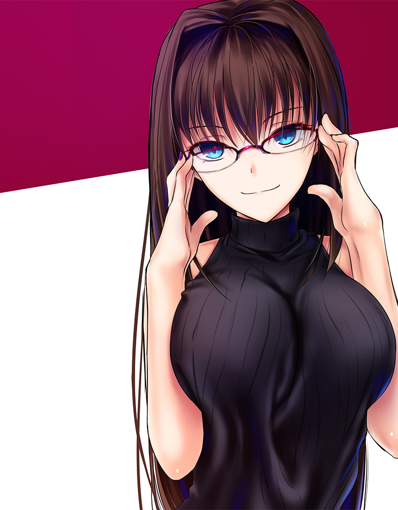 1girl adjusting_eyewear akeyama_kitsune aozaki_aoko bespectacled black_sweater blue_eyes breasts brown_hair glasses large_breasts long_hair looking_at_viewer mahou_tsukai_no_yoru ribbed_sweater sleeveless smile solo sweater sweater_vest