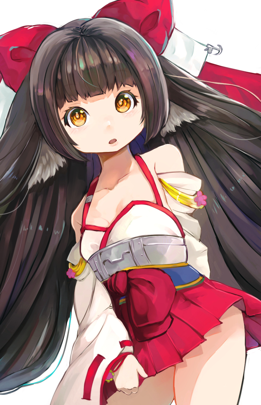 1girl animal_ears azur_lane black_hair bow breasts brown_eyes cleavage commentary_request detached_sleeves hair_bow hakama_skirt harutsuki_(azur_lane) highres japanese_clothes long_hair miko miniskirt nontraditional_miko nyucha open_mouth red_skirt ribbon skirt skirt_tug small_breasts solo very_long_hair