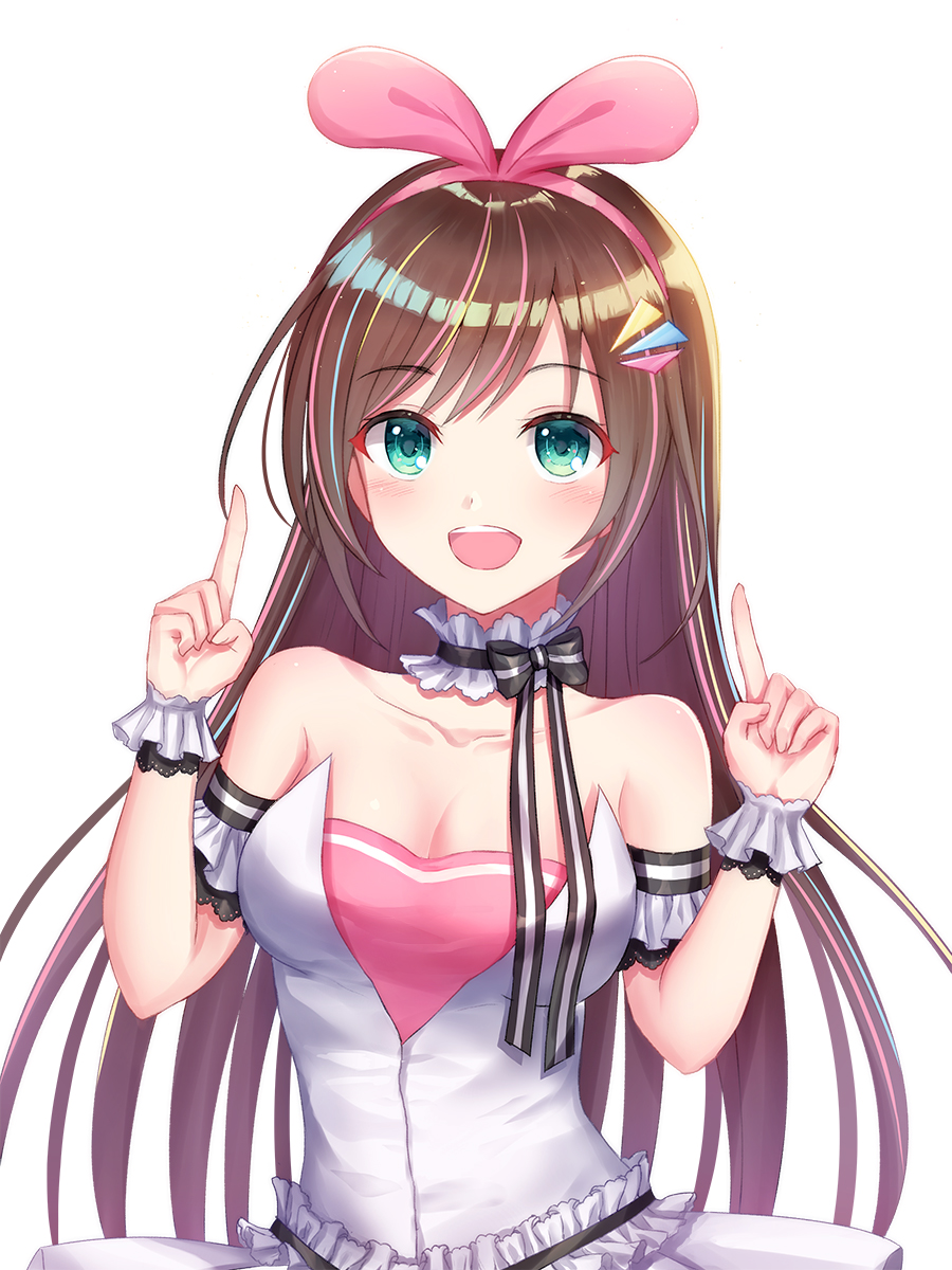 1girl :d a.i._channel adapted_costume bangs bare_shoulders black_ribbon blush bow breasts brown_hair choker cleavage collarbone commentary_request dress eyebrows_visible_through_hair fingernails green_eyes hairband hands_up highres index_finger_raised kizuna_ai long_hair looking_at_viewer medium_breasts multicolored_hair open_mouth pink_bow pink_hair pink_hairband ribbon ribbon_choker seungju_lee shiny shiny_hair simple_background smile solo strapless strapless_dress streaked_hair striped striped_ribbon swept_bangs upper_body upper_teeth virtual_youtuber white_background white_choker white_dress wrist_cuffs