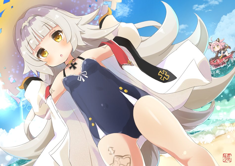 2girls ahoge alternate_costume azur_lane beach breasts bubble clouds commentary_request grey_hair hair_ornament hat headband hyakka_onibi iron_cross jacket jewelry looking_at_viewer mole mole_under_eye multiple_girls necklace pink_hair riding sand sky small_breasts straw_hat u-81_(azur_lane) waves z46_(azur_lane)