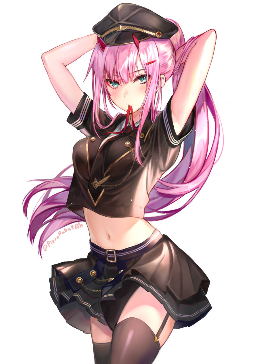 1girl adjusting_hair arms_behind_head arms_up bangs black_hat black_legwear black_neckwear black_skirt blue_eyes blush breasts commentary_request cowboy_shot crop_top darling_in_the_franxx eyelashes garter_straps hair_ornament hairclip hat highres horns long_hair looking_at_viewer medium_breasts midriff mouth_hold navel necktie peaked_cap pierorabu pink_hair pleated_skirt ponytail ribbon_in_mouth shirt short_sleeves simple_background skirt solo standing thigh-highs twitter_username white_background wing_collar zero_two_(darling_in_the_franxx)