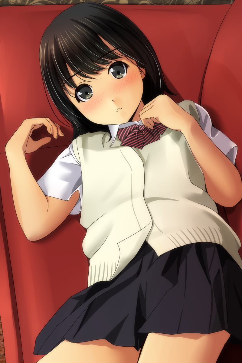 1girl bangs black_eyes black_hair black_neckwear black_skirt blush bow bowtie clenched_hands commentary_request couch eyebrows_visible_through_hair hands_up highres looking_at_viewer lying matsunaga_kouyou on_back on_counter original parted_lips red_neckwear school_uniform short_sleeves skirt solo striped_neckwear sweater_vest