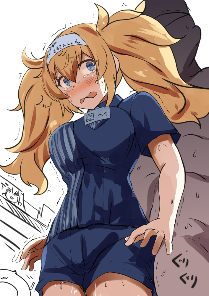 1boy 1girl alternate_costume blonde_hair blue_eyes blush breasts clothed_female_nude_male collared_shirt commentary_request crying crying_with_eyes_open employee_uniform enemy_lifebuoy_(kantai_collection) gambier_bay_(kantai_collection) hair_between_eyes hairband kantai_collection large_breasts lawson lolicept name_tag nude shirt striped striped_shirt sweat sweatdrop tearing_up tears twintails uniform vertical-striped_shirt vertical_stripes