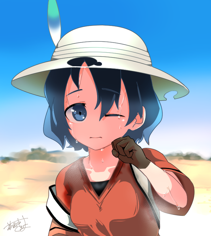 1girl artist_name black_eyes black_gloves black_hair blue_sky cha_tanaka_kurowa day dripping eyebrows_visible_through_hair gloves hat_feather kaban_(kemono_friends) kemono_friends looking_at_viewer one_eye_closed outdoors red_shirt shirt short_hair short_sleeves signature sky solo striped_sleeves sweat upper_body