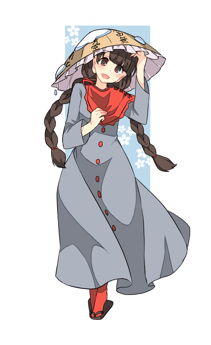 1girl ajirogasa black_hair braid buttons capelet clothes_writing dress full_body grey_dress hand_on_head hat haya_taro_pochi long_hair long_sleeves looking_at_viewer open_mouth red_capelet red_eyes red_legwear sandals smile snow solo standing touhou twin_braids yatadera_narumi