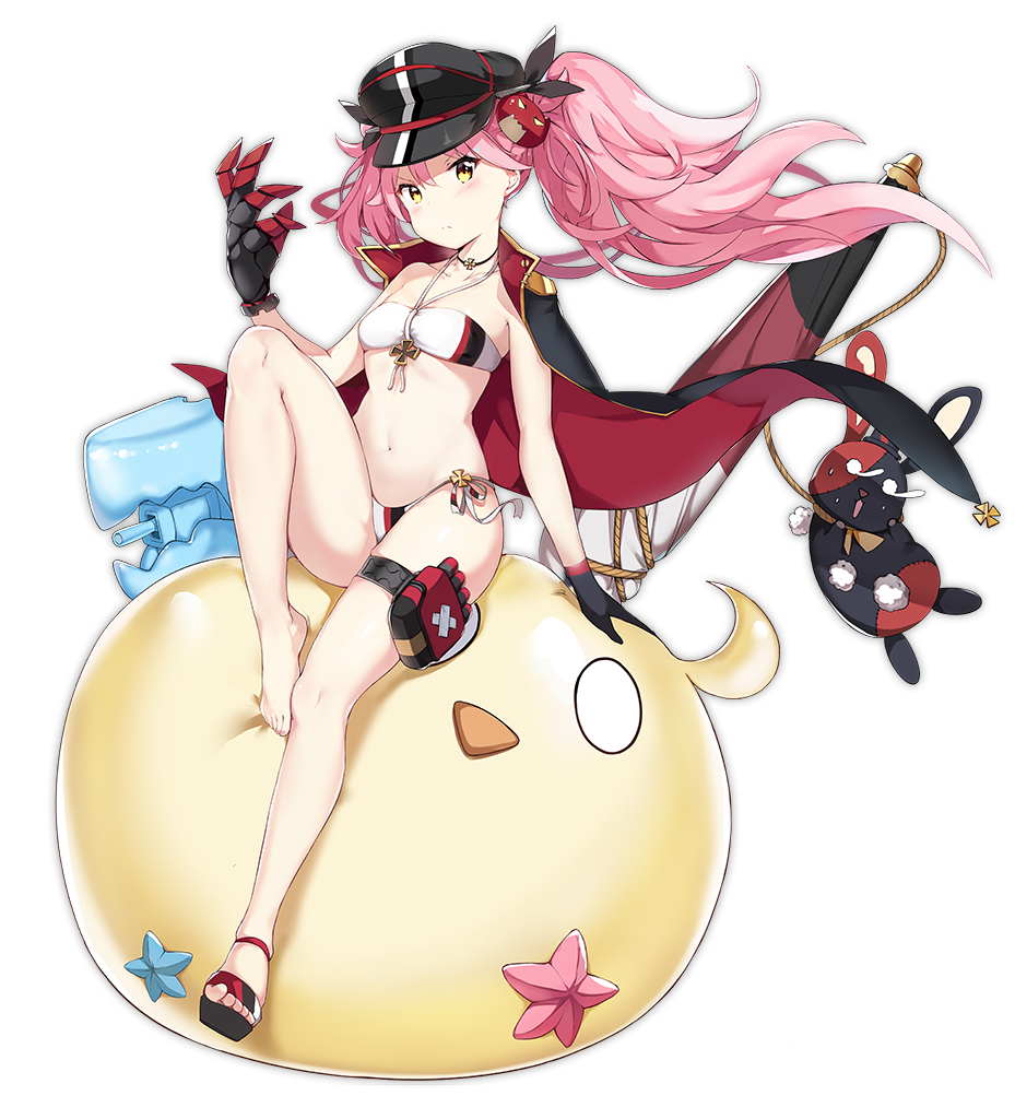 &gt;:( 1girl azur_lane bare_shoulders barefoot bikini black_gloves black_hat blush boqboq closed_mouth collarbone flip-flops frown full_body gloves hat iron_cross jewelry long_hair looking_at_viewer mechanical_hand navel necklace official_art pink_hair sandals side_ponytail sitting solo stuffed_animal stuffed_bunny stuffed_toy swimsuit transparent_background yellow_eyes z25_(azur_lane)