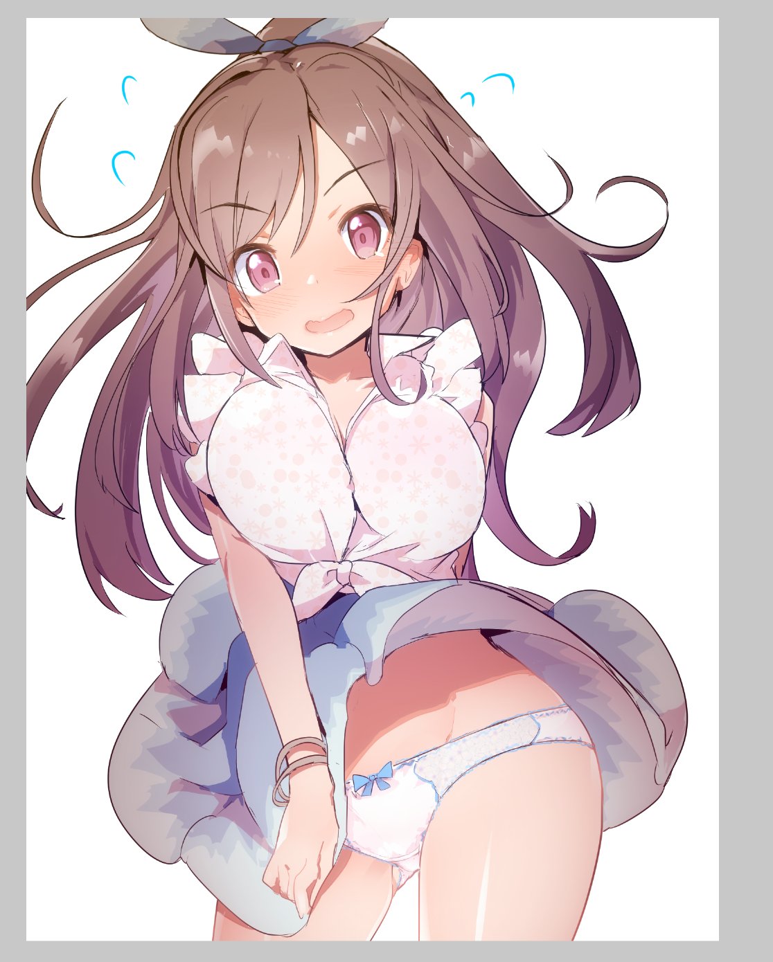 1girl blush breasts brown_hair caburi commentary_request flying_sweatdrops gluteal_fold groin hair_ribbon highres idolmaster idolmaster_shiny_colors large_breasts open_mouth panties red_eyes ribbon skirt solo tsukioka_kogane underwear upskirt wavy_mouth