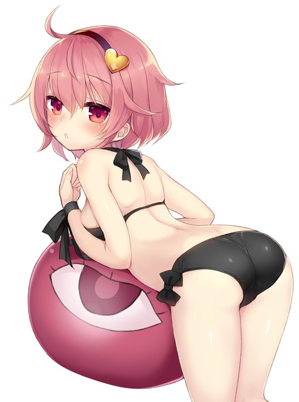 1girl ahoge ass ball beachball bent_over bikini black_bikini black_swimsuit blush breasts from_behind hairband hand_on_own_chest komeiji_satori looking_back medium_breasts minamura_haruki pink_eyes pink_hair ribbon short_hair sideboob solo swimsuit touhou wrist_ribbon