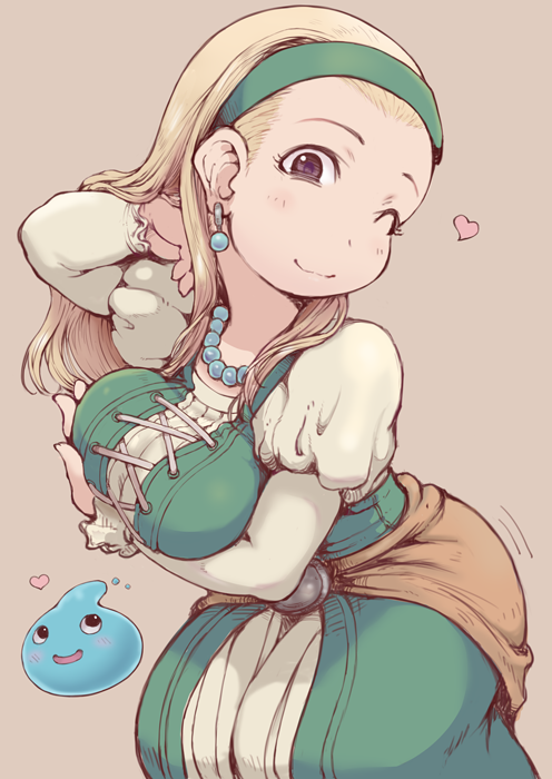 1girl ;) bead_necklace beads blonde_hair breast_hold breasts closed_mouth dragon_quest dragon_quest_xi dress earrings green_hairband hairband heart ibukichi jewelry juliet_sleeves long_sleeves looking_at_viewer necklace one_eye_closed puffy_sleeves senya_(dq11) slime_(dragon_quest) smile solo violet_eyes